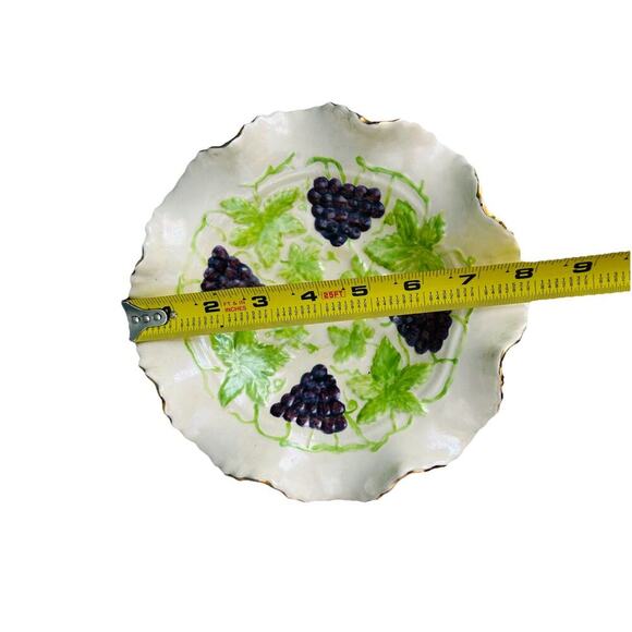 Majolica Ceramic Hand Painted Candy Dish Bowl Grape Design Gold Trim Signed JLM - Picture 5 of 16